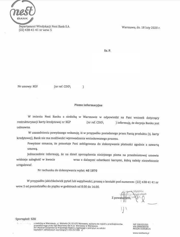 odmowa restrukturyzacji - wezwanie do zapłaty